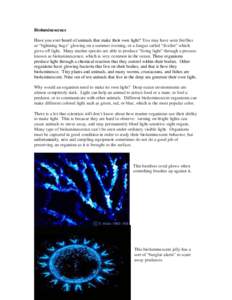 Bioluminescence Have you ever heard of animals that make their own light? You may have seen fireflies or “lightning bugs” glowing on a summer evening, or a fungus called “foxfire” which gives off light. Many mari