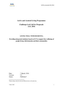 Call for proposals AALActive and Assisted Living Programme Challenge-Led Call for Proposals AAL 2016