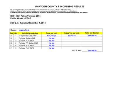 WHATCOM COUNTY BID OPENING RESULTS The following information is a record of Bidder:s and their bid totals as received at the time of the bid opening. All bids are subject to review by the requesting department and approv