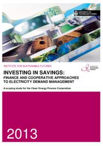 INSTITUTE FOR SUSTAINABLE FUTURES  INVESTING IN SAVINGS: FINANCE AND COOPERATIVE APPROACHES TO ELECTRICITY DEMAND MANAGEMENT A scoping study for the Clean Energy Finance Corporation