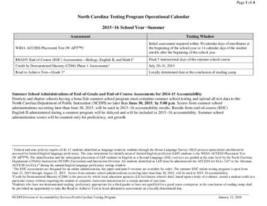 Page 1 of 4  North Carolina Testing Program Operational Calendar 2015−16 School Year−Summer Assessment