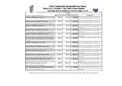 City of Haltom City Residential Price Sheet Recycling Is Included In The Trash Pickup Program The Rates Shown Below Are Effective May 1, [removed] *Note: Tax rate changed to 8.250% on[removed].