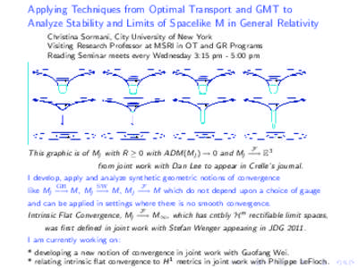 Applying Techniques from Optimal Transport and GMT to Analyze Stability and Limits of Spacelike M in General Relativity F Christina Sormani, City University of New York −→ Visiting Research Professor at MSRI in OT an