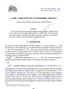 Proc. Int. Cong. of Math. – 2018 Rio de Janeiro, Vol–318) p-ADIC VARIATION OF AUTOMORPHIC SHEAVES Adrian Iovita, Fabrizio Andreatta and Vincent Pilloni