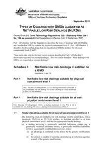 September[removed]TYPES OF DEALINGS WITH GMOS CLASSIFIED AS NOTIFIABLE LOW RISK DEALINGS (NLRDS) Excerpt from the Gene Technology Regulations[removed]Statutory Rules 2001 No. 106 as amended) (the Regulations), effective from