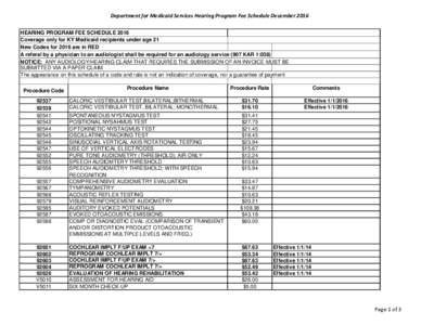 Department for Medicaid Services Hearing Program Fee Schedule December 2016 HEARING PROGRAM FEE SCHEDULE 2016 Coverage only for KY Medicaid recipients under age 21 New Codes for 2016 are in RED A referal by a physician t