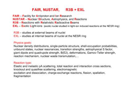 FAIR, NUSTAR,  R3B + EXL FAIR – Facility for Antiproton and Ion Research NUSTAR – Nuclear Structure, Astrophysics, and Reactions