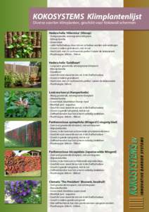 KOKOSYSTEMS Klimplantenlijst Diverse soorten klimplanten, geschikt voor Kokowall schermen Hedera helix ‘Hibernica’ (Klimop)