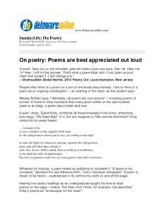www.delawareonline.com  SundayLife: On Poetry By JoANN BALINGIT, Special to The News Journal Posted Sunday, April 8, 2012