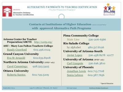 Alternative Pathways to teacher Certification (Teacher Preparation Programs) Contacts at Institutions of Higher Education (names are email links) with approved Alternative Path Programs