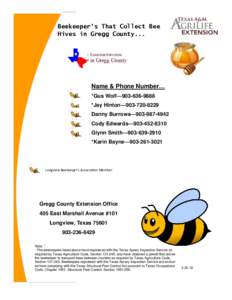 Beekeeper’s That Collect Bee Hives in Gregg County... Name & Phone Number… *Gus Wolf— *Jay Hinton—
