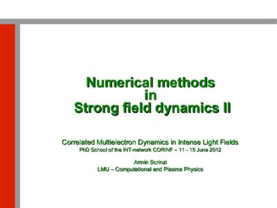 Numerical methods in Strong field dynamics II Correlated Multielectron Dynamics in Intense Light Fields PhD School of the INT-network CORINF – June 2012