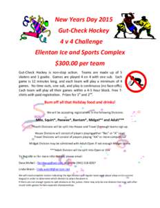 New Years Day 2015 Gut-Check Hockey 4 v 4 Challenge Ellenton Ice and Sports Complex $[removed]per team Gut-Check Hockey is non-stop action. Teams are made up of 5
