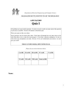 Department of Electrical Engineering and Computer Science  MASSACHUSETTS INSTITUTE OF TECHNOLOGYFallQuiz I