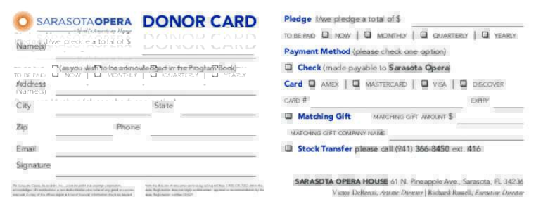 Verdi’s American Home  DONOR CARD Pledge I/we pledge a total of $ to be paid