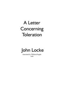 A Letter Concerning Toleration John Locke translated by William Popple 1689