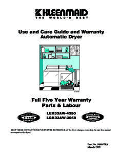 Use and Care Guide and Warranty Automatic Dryer D310IE3B  Full Five Year Warranty