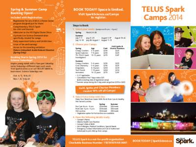 Spring & Summer Camp Booking Open! Included with Registration: �	 Registration for one child in a theme‑based program designed just for them! �	 Complimentary TELUS Spark