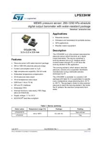 LPS33HW MEMS pressure sensor: hPa absolute digital output barometer with water-resistant package Datasheet - production data  Applications