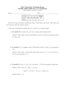 The University of Hong Kong MATHTest # 2 Solutions (Last updated: November 13, 2014) Name:  UID: