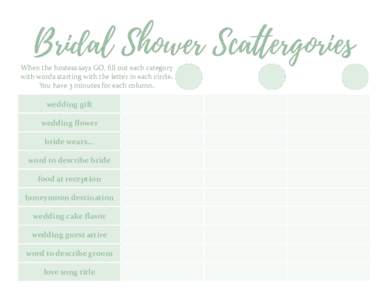 Bridal Shower Scattergories  When the hostess says GO, fill out each category with words starting with the letter in each circle. You have 3 minutes for each column.