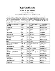 Sefer HaShmoth Book of the Names Attributed to Master Adam Copyright 2001 Work of the Chariot All rights reserved The following is a complete list of the Divine Names that were placed one to a page in the original Work o