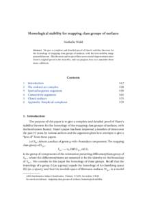Homological stability for mapping class groups of surfaces Nathalie Wahl Abstract. We give a complete and detailed proof of Harer’s stability theorem for the homology of mapping class groups of surfaces, with the best 