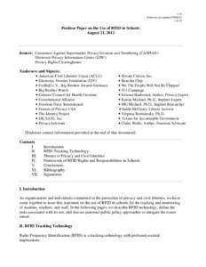 v.16 Endorsers last updatedof 10 Position Paper on the Use of RFID in Schools August 21, 2012