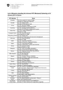 Département fédéral de l’économie, de la formation et de la recherche DEFR List of Ministers attending the Informal WTO Ministerial Gathering of 25 January 2014 in Davos WTO Member