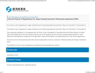 Seventh Round of Negotiations for Japan-Canada Economic Partnership Agreement (EPA) / Ministry of Economy, Trade and Industry (