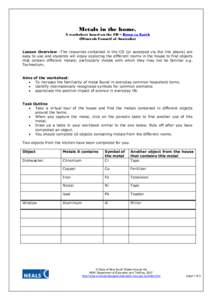Metals in the home. A worksheet based on the CD – Down to Earth (Minerals Council of Australia) Lesson  Overview  –The resources  contained in  the CD  (or  accessed via the link  above)  are  easy to
