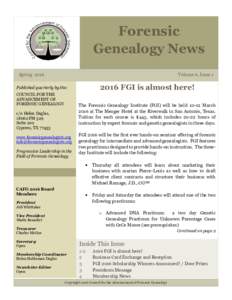 Forensic Genealogy News Spring 2016 Volume 6, Issue 1