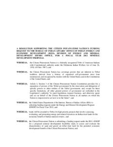 A RESOLUTION SUPPORTING THE CITIZEN POTAWATOMI NATION’S FUNDING REQUEST TO THE BUREAU OF INDIAN AFFAIRS’ OFFICE OF INDIAN ENERGY AND ECONOMIC DEVELOPMENT (IEED), DIVISION OF ENERGY AND MINERAL DEVELOPMENT (DEMD) OFFI