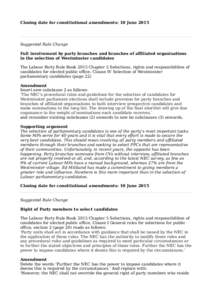 Closing date for constitutional amendments: 10 JuneSuggested Rule Change Full involvement by party branches and branches of affiliated organisations in the selection of Westminster candidates The Labour Party Rule