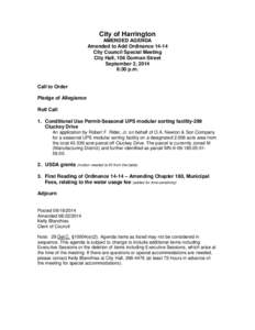 City of Harrington AMENDED AGENDA Amended to Add Ordinance[removed]City Council Special Meeting City Hall, 106 Dorman Street September 2, 2014