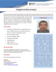 Categorical Data Analysis This course introduces methods for analyzing response data that are categorical rather than continuous. Participants will learn about the characteristics of different kinds of categorical respon