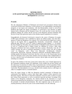 MEMORANDUM on the special legal status regarding administrative autonomy and economic development in Szeklerland