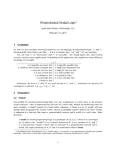 Propositional Modal Logic∗ John MacFarlane—Philosophy 142 February 15, 2011 1