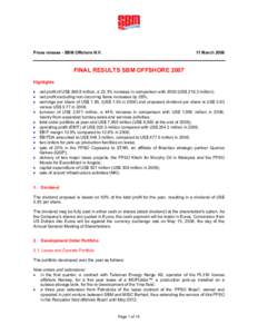 Press release - SBM Offshore N.V.  11 March 2008 FINAL RESULTS SBM OFFSHORE 2007 Highlights
