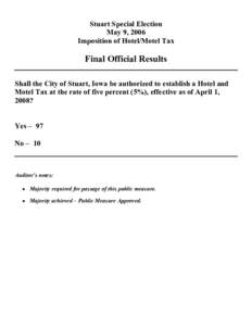 Stuart Special Election  May 9, 2006  Imposition of Hotel/Motel Tax  Final Official Results  Shall the City of Stuart, Iowa be authorized to establish a Hotel and 