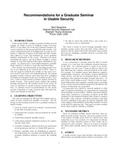 Recommendations for a Graduate Seminar in Usable Security Kent Seamons Internet Security Research Lab Brigham Young University Provo, Utah, USA