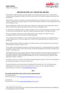 MEDIA RELEASE Friday 27 June 2014 NINE KIDS DIE EVERY DAY, SUPPORT SIDS AND KIDS. Nine children under the age of four die suddenly and unexpectedly every day in Australia from causes including sleeping accidents, drownin