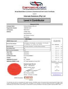 Broad Based Black Economic Empowerment Verification Certificate Issued to Intervate Solutions (Pty) Ltd  Level 4 Contributor