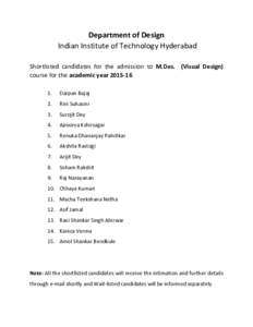 Department of Design Indian Institute of Technology Hyderabad Shortlisted candidates for the admission to M.Des. (Visual Design) course for the academic year.