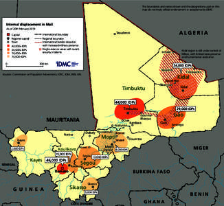 The boundaries and names shown and the designations used on this map do not imply official endorsement or acceptance by IDMC. Internal displacement in Mali As of 20th February 2014 Capital
