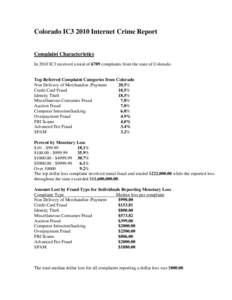 Colorado IC3 2010 Internet Crime Report Complaint Characteristics In 2010 IC3 received a total of 6789 complaints from the state of Colorado. Top Referred Complaint Categories from Colorado Non Delivery of Merchandise /P