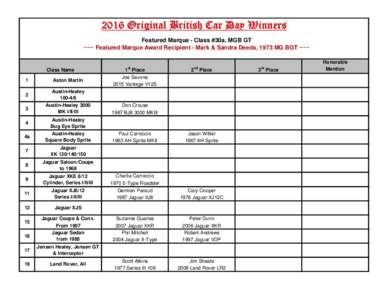 2016 Original British Car Day Winners Featured Marque - Class #30a, MGB GT ~~~ Featured Marque Award Recipient - Mark & Sandra Deeds, 1973 MG BGT ~~~ Class Name 1