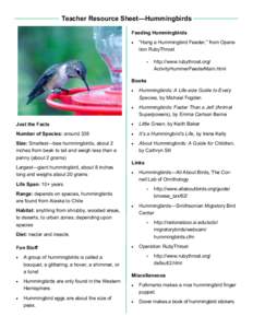 Teacher Resource Sheet—Hummingbirds Feeding Hummingbirds  “Hang a Hummingbird Feeder,” from Operation RubyThroat 