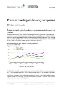 HousingPrices of dwellings in housing companies 2016, June and 2nd quarter  Prices of dwellings in housing companies rose in the second