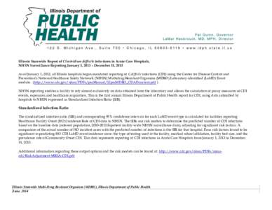 Illinois Statewide Report of Clostridium difficile infections in Acute Care Hospitals, NHSN Surveillance Reporting January 1, 2013 – December 31, 2013 As of January 1, 2012, all Illinois hospitals began mandated report